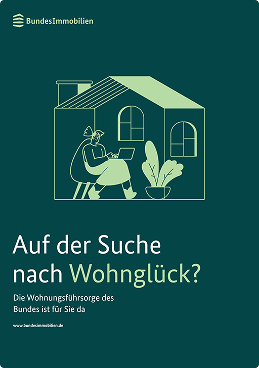 Ein Flyer mit Logo und Headline auf dunkelgrüner Fläche und der Illustration einer Person mit Laptop in einem Haus, umgeben von Pflanzen.