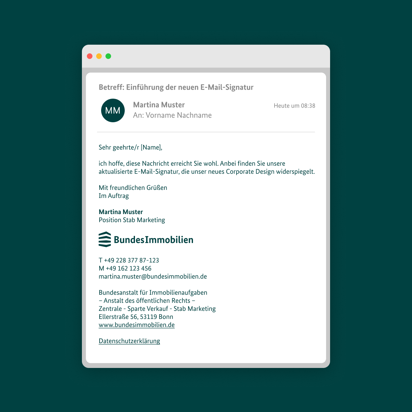 Abbildung eines E-Mail-Fensters mit der E-Mail-Signatur der BundesImmobilien.