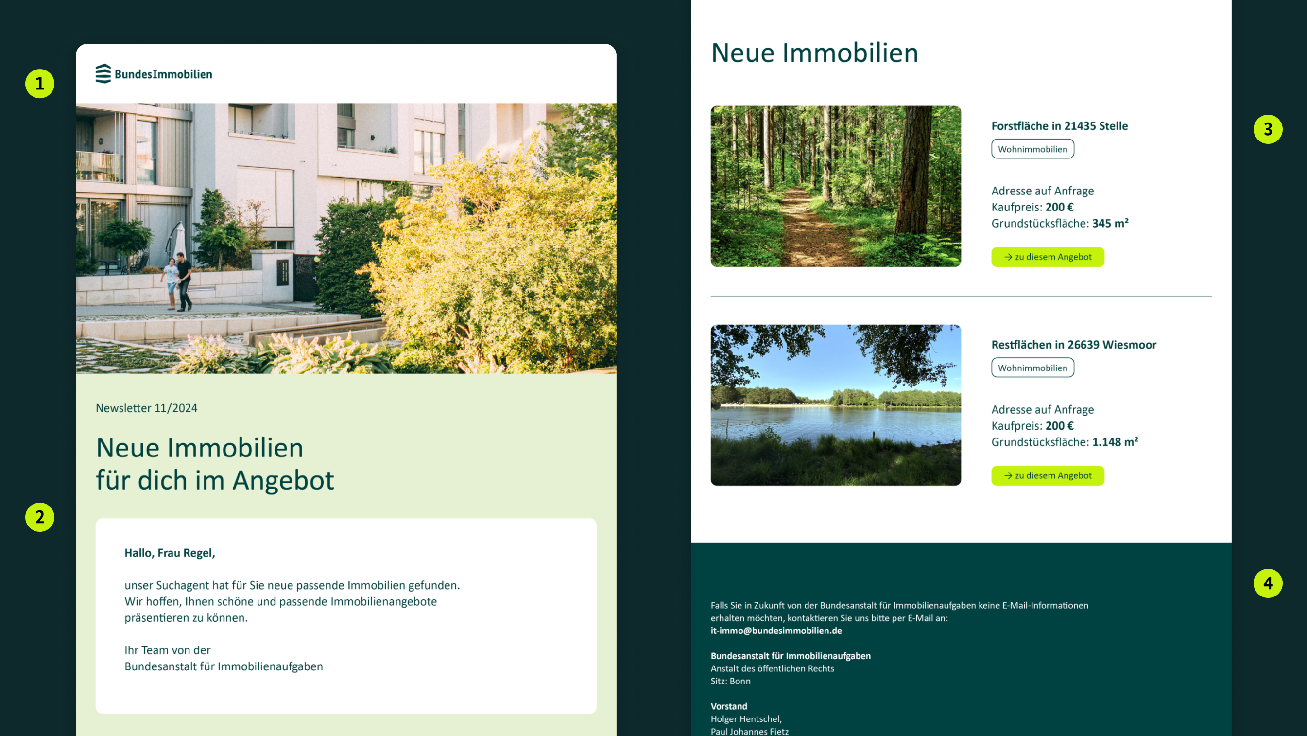 Zwei Screenshots eines Newsletters zeigen eine Headline, Bilder von Immobilien und Landschaften, begleitet von Beschreibungen.