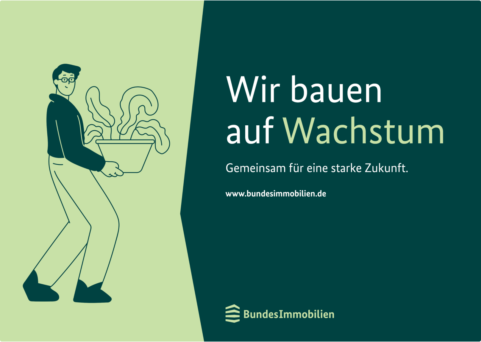 Plakat mit einer Aufschrift und einer Illustration mit einer Person, die eine Pflanze trägt, auf dunkelgrünem Hintergrund.