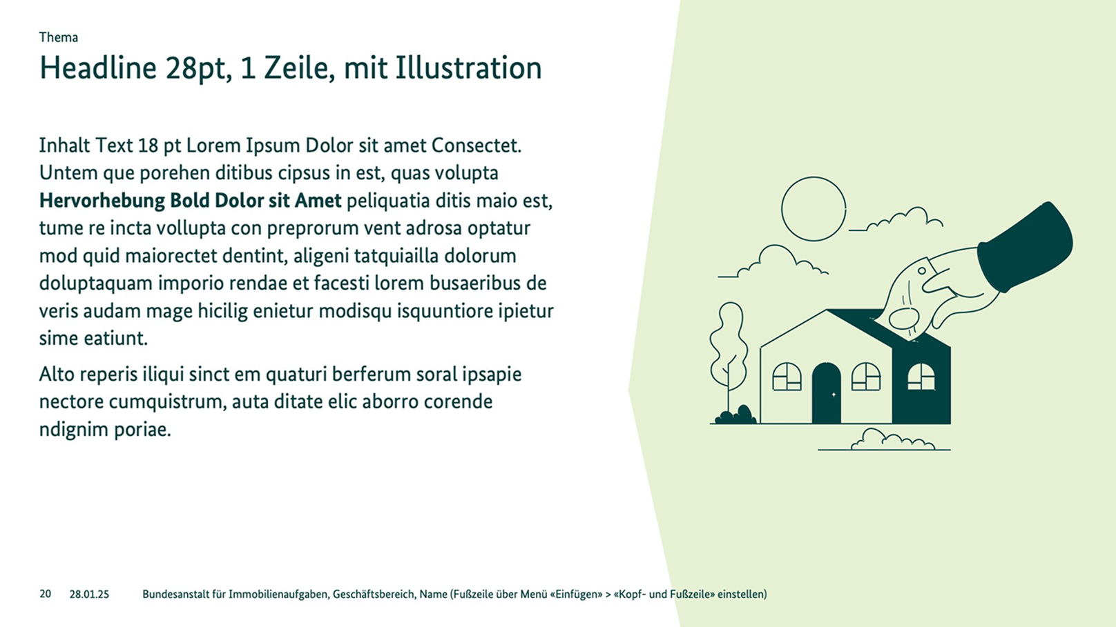 Powerpoint-Folie mit Headline, Text und Illustration auf hellgrüner Fläche.