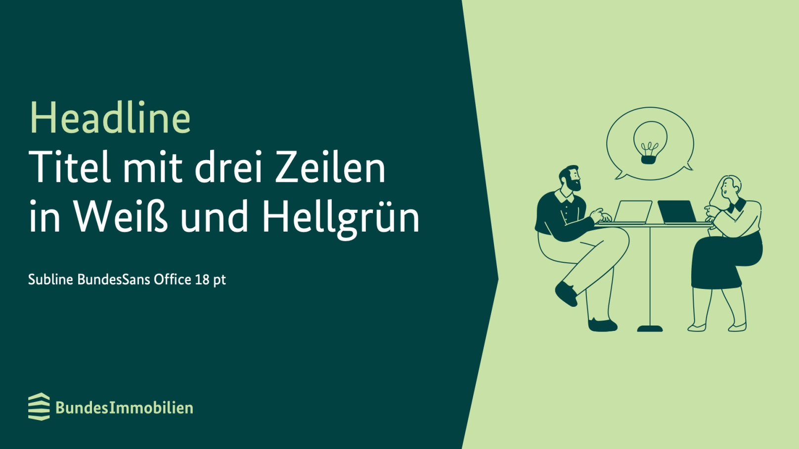 Powerpoint-Folie mit dunkelgrüner Fläche, Headline, Subline und Illustration.