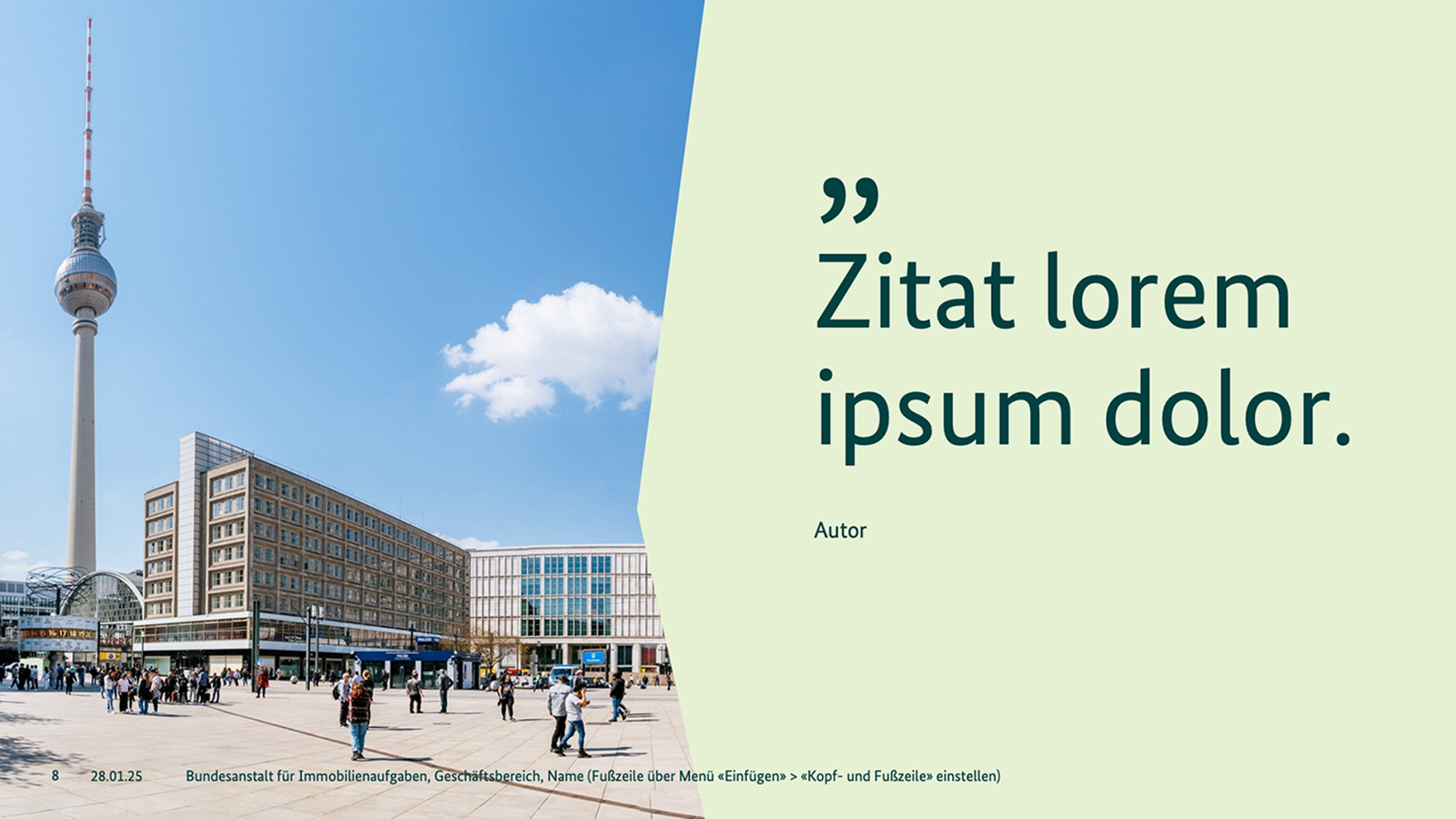 Powerpoint-Folie mit Bild und Zitat auf hellgrüner Fläche.