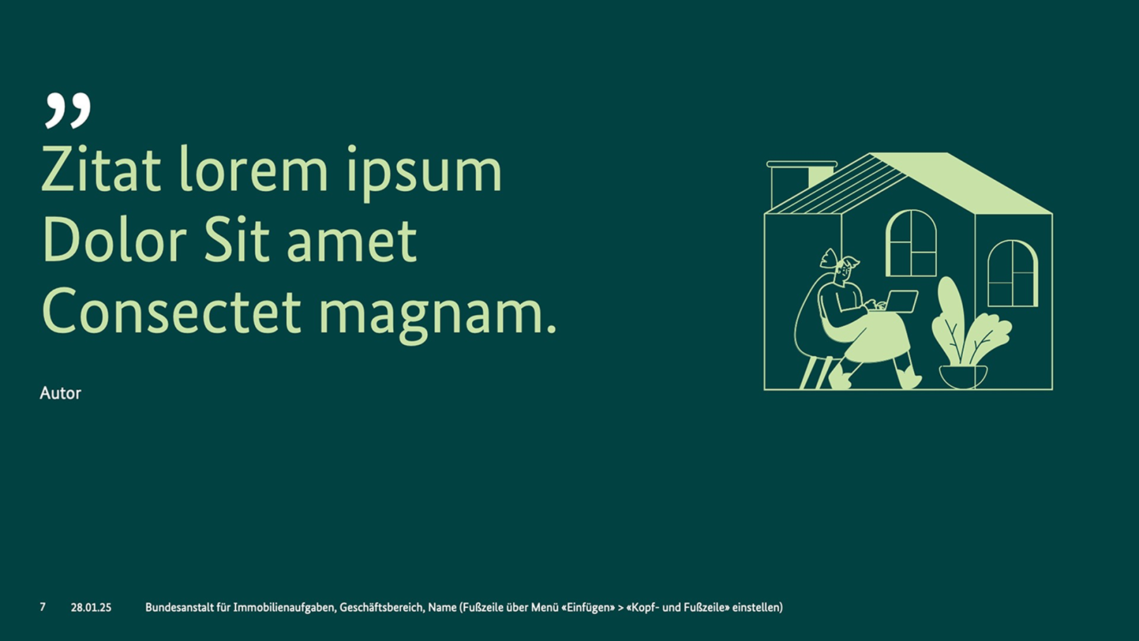 Powerpoint-Folie mit Zitat und Illustration auf dunkelgrünem Hintergrund.