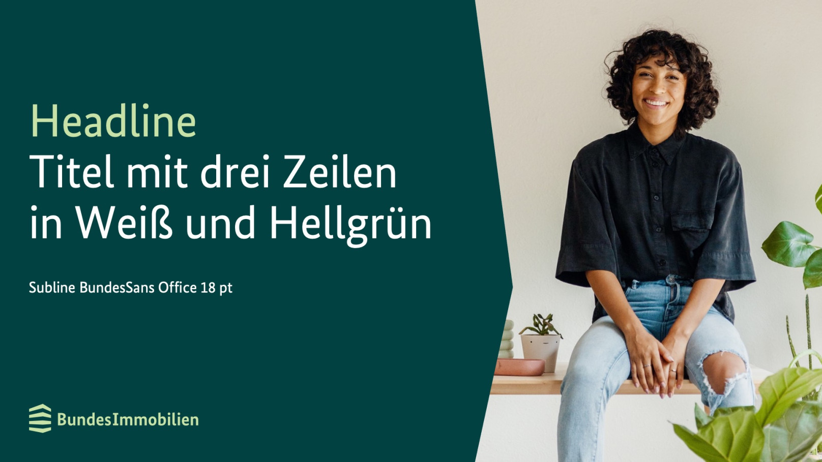 Powerpoint-Folie mit dunkelgrüner Fläche, Headline, Subline und Bild.