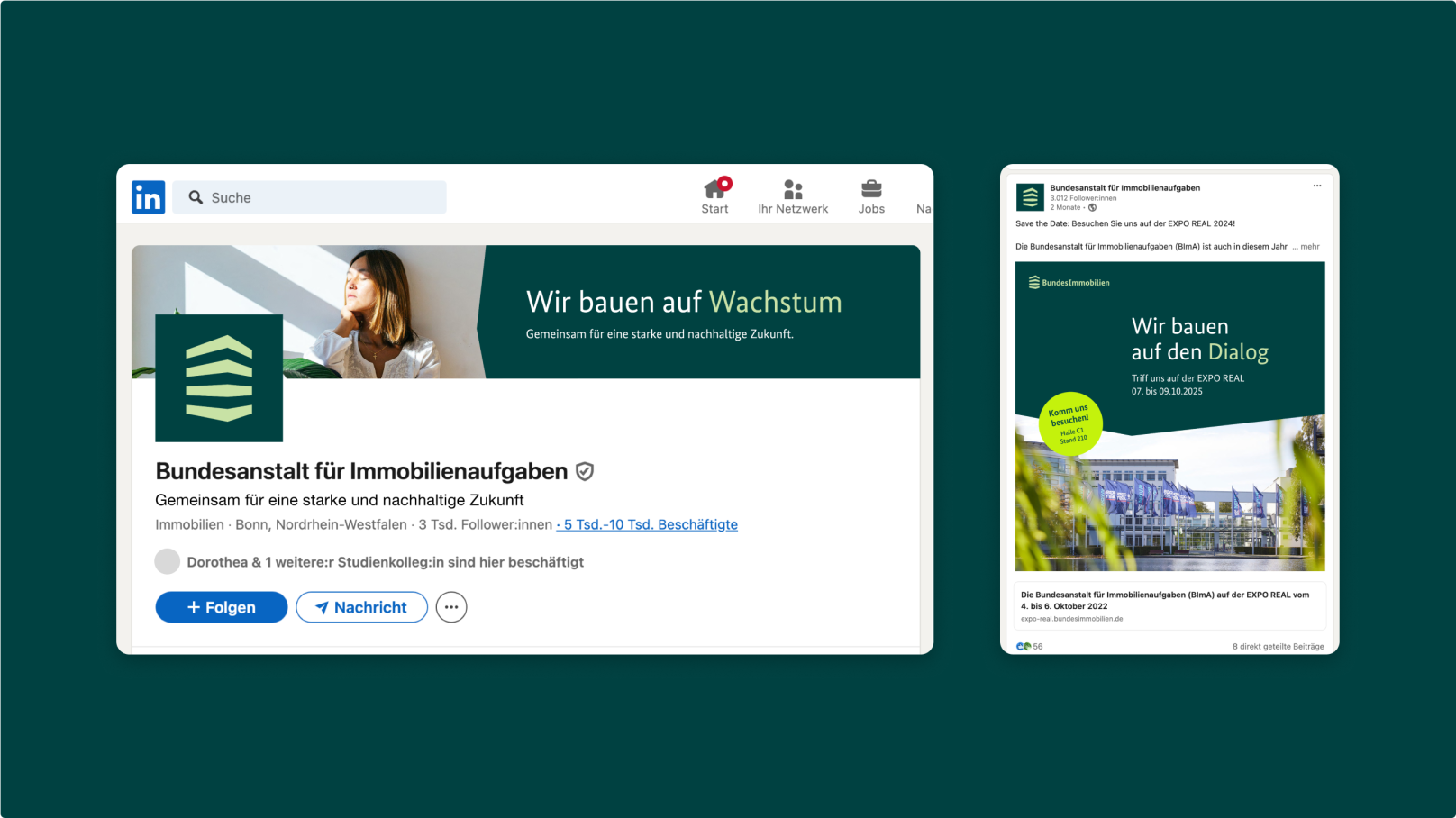 Zwei Bildschirmansichten eines LinkedIn-Auftritts mit Header-Bild und Profilbild.