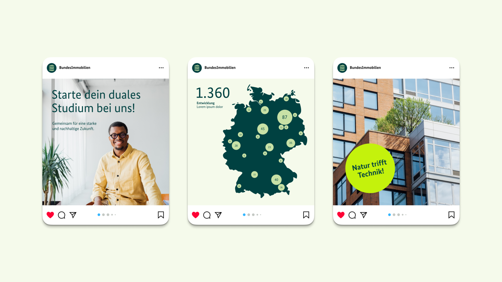 Drei verschiedene Social-Media-Beiträge. Der linke mit einem Foto, der mittlere mit einer Illustration, der rechte mit Foto und Störer.