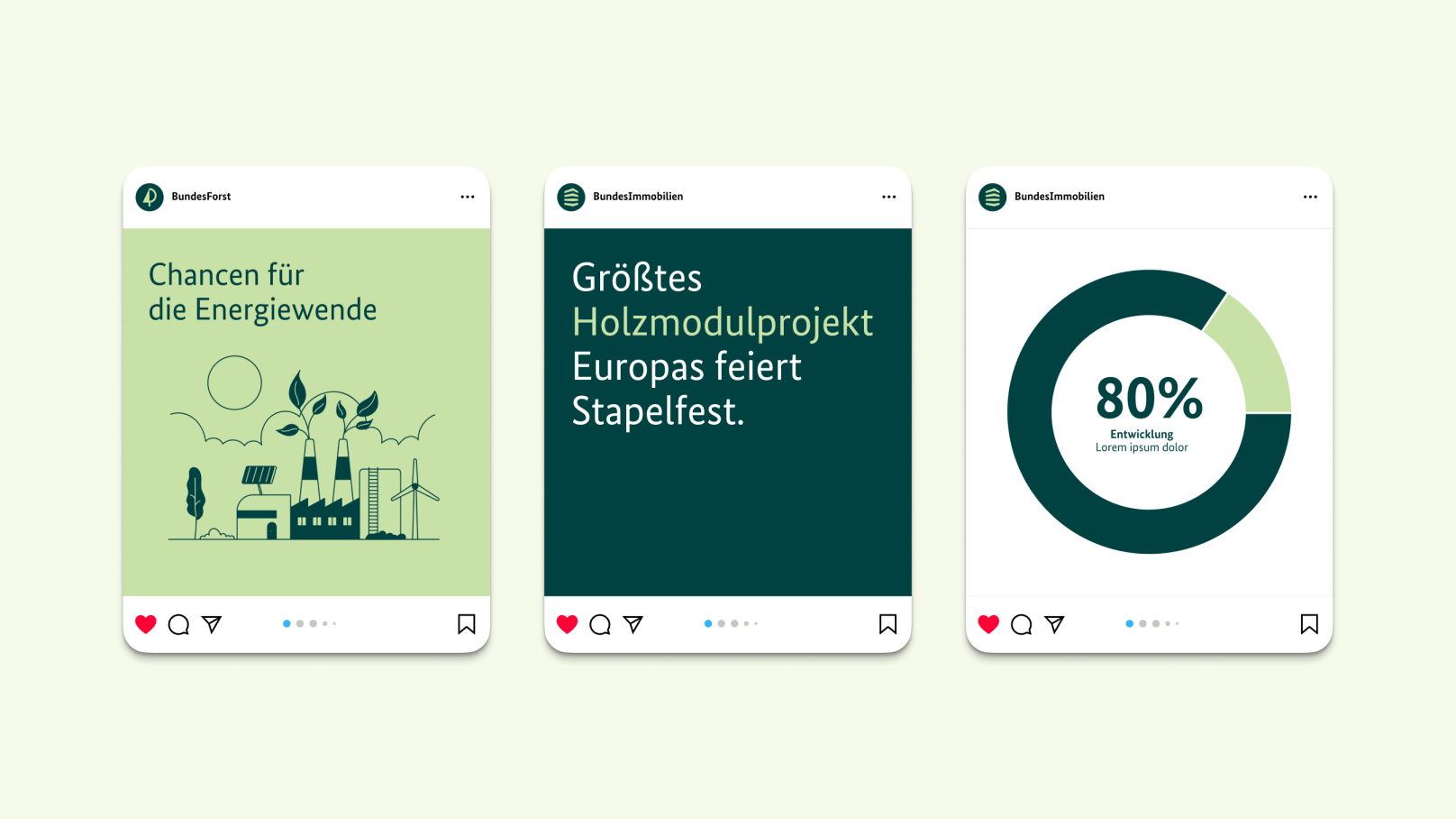 Drei verschiedene Social-Media-Beiträge. Der linke mit einer Illustration, der mittlere mit einer großen Headline, der rechte mit einer Infografik.