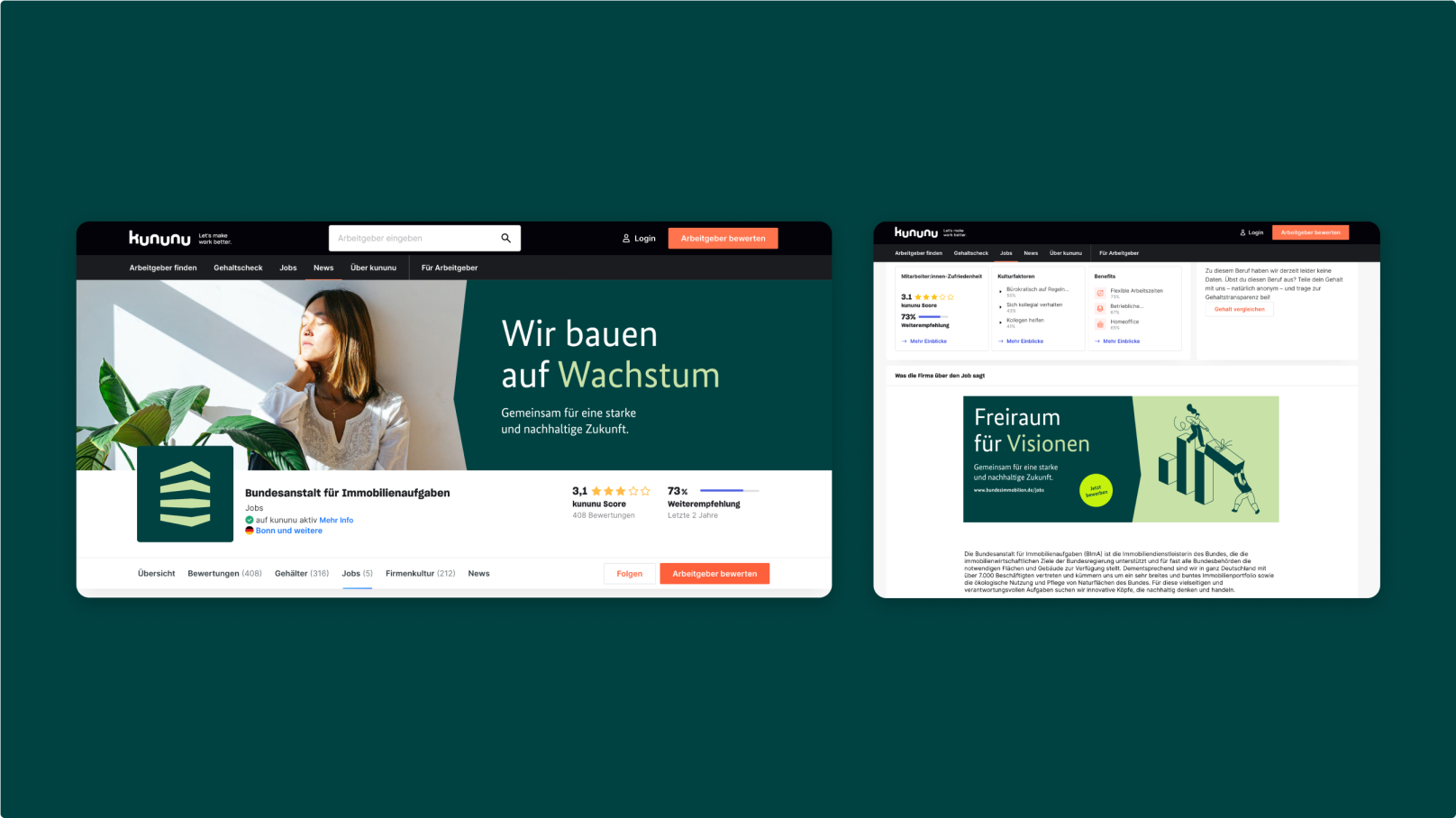 Zwei Bildschirmansichten eines Kununu-Auftritts mit Header-Bild und Profilbild.