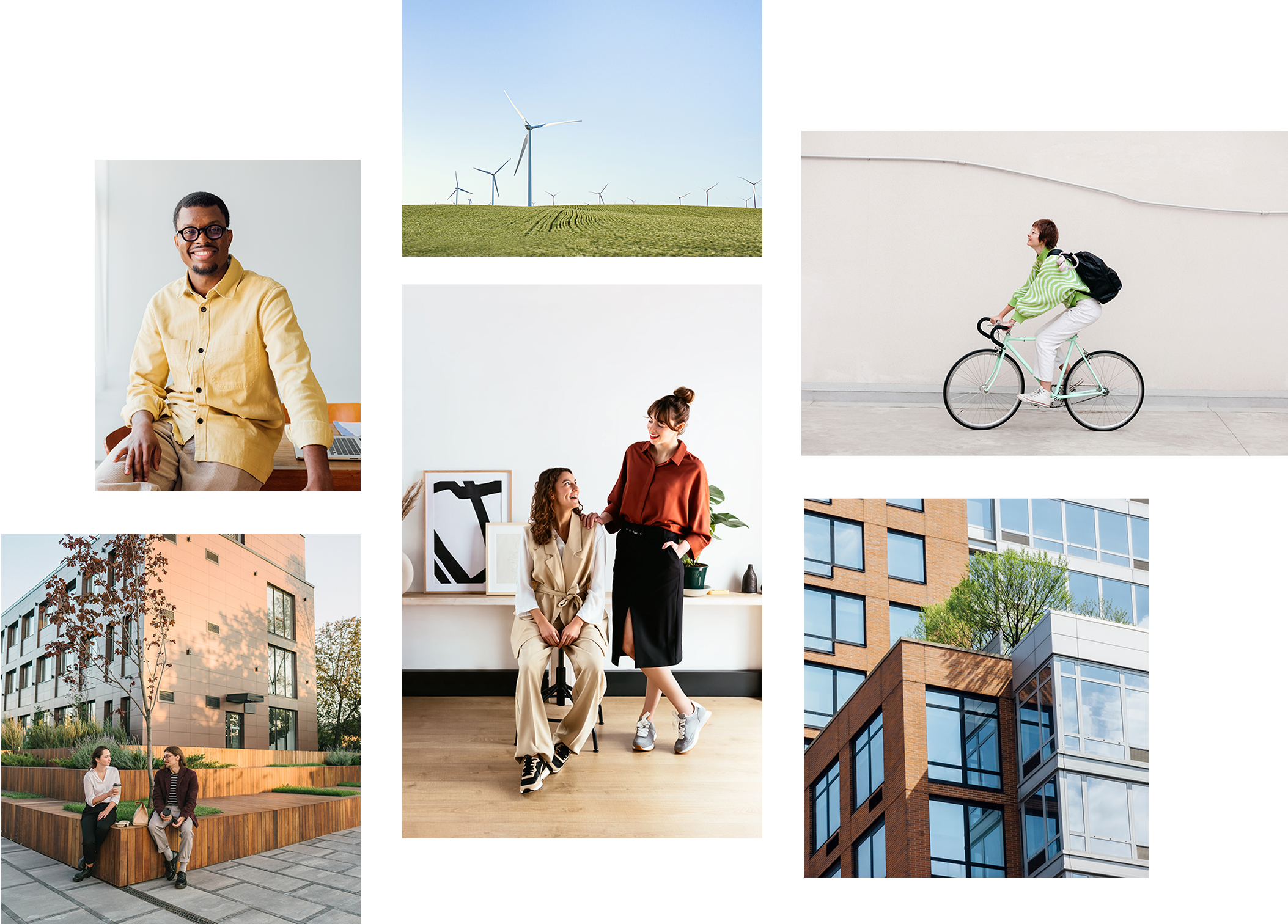 Eine Collage aus Fotos, darunter Menschen in Alltagsmomenten, ein modernes Gebäude, Fahrradfahrer und Windkraftanlagen.