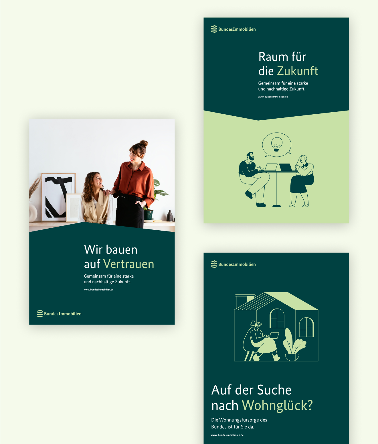 Drei Broschüren im Layout und in Farben der "Bundesimmobilien" auf einem hellgrünen Hintergrund.