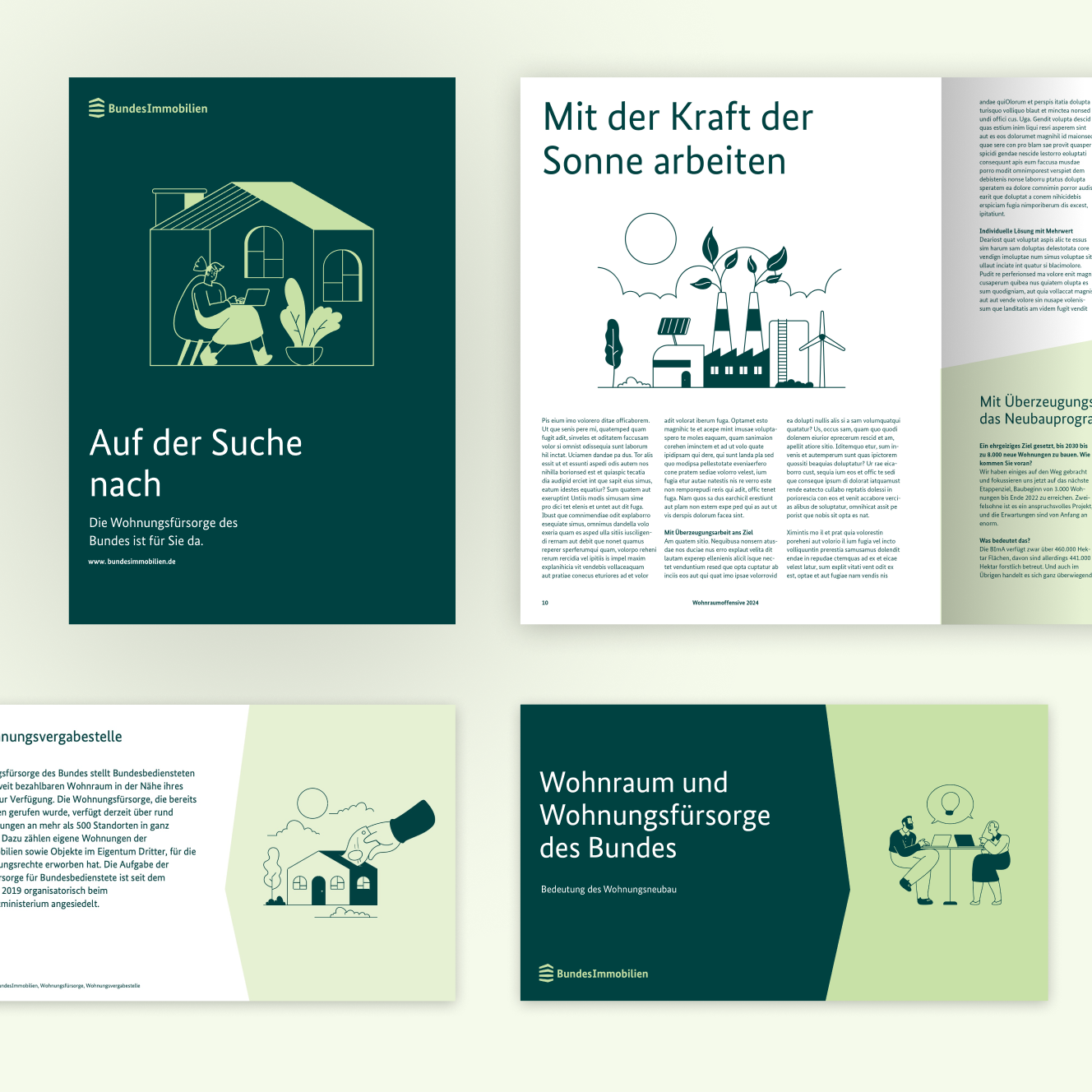 Einsatz Illustrationen Eine Sammlung von Broschüren und Seiten mit Illustrationen und Text auf dunkelgrünem, weißem und hellgrünem Hintergrund.