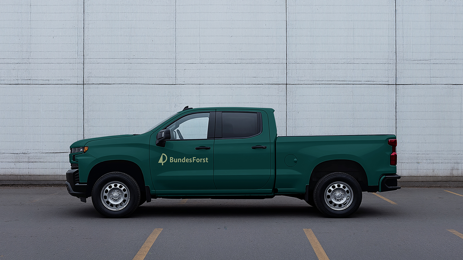 Dunkelgrüner Pick-Up mit hellgrünem BundesForst-Logo.